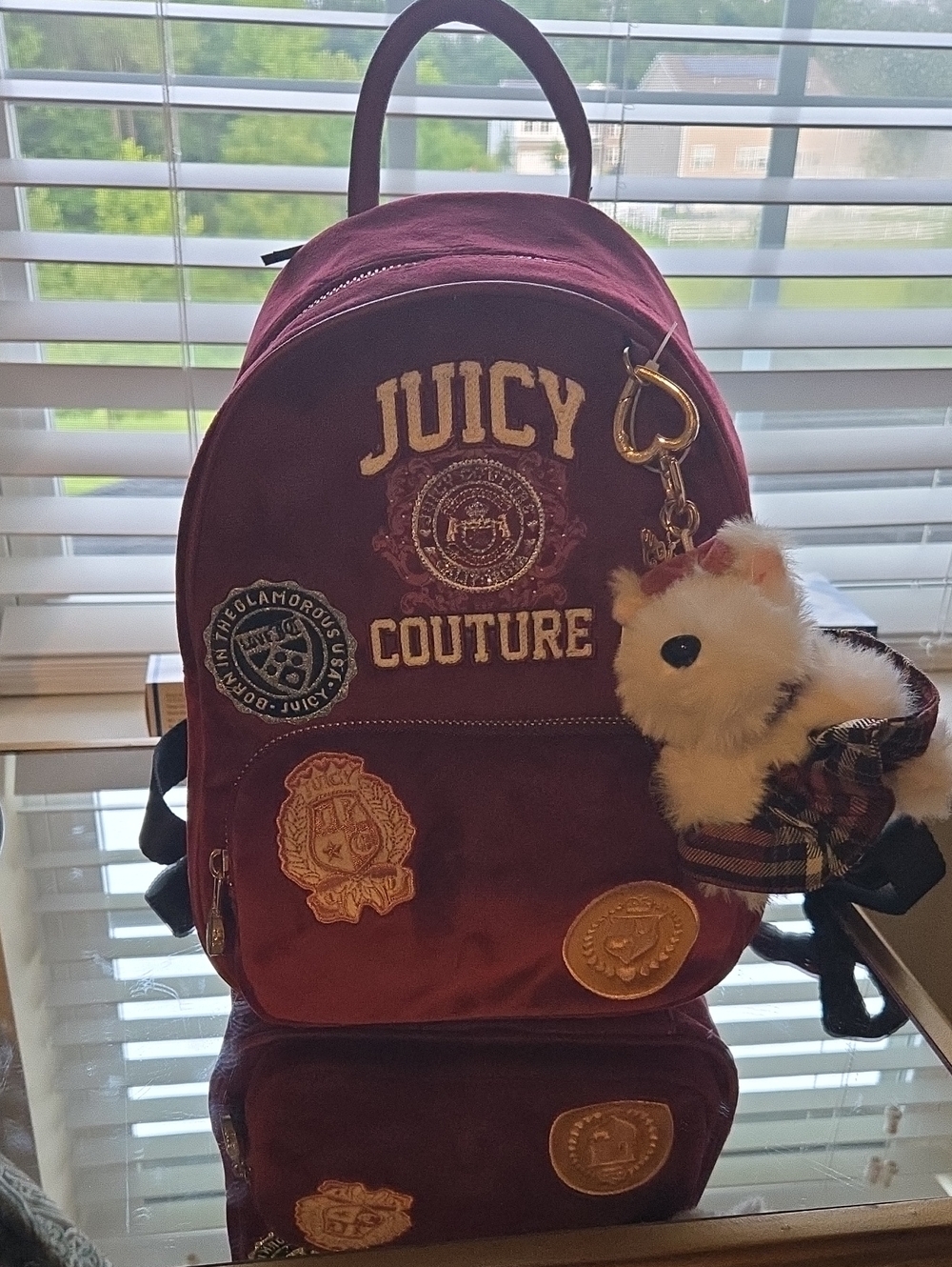Juicy Couture Burgundy Velvet Kids Backpack with Plush Keychain